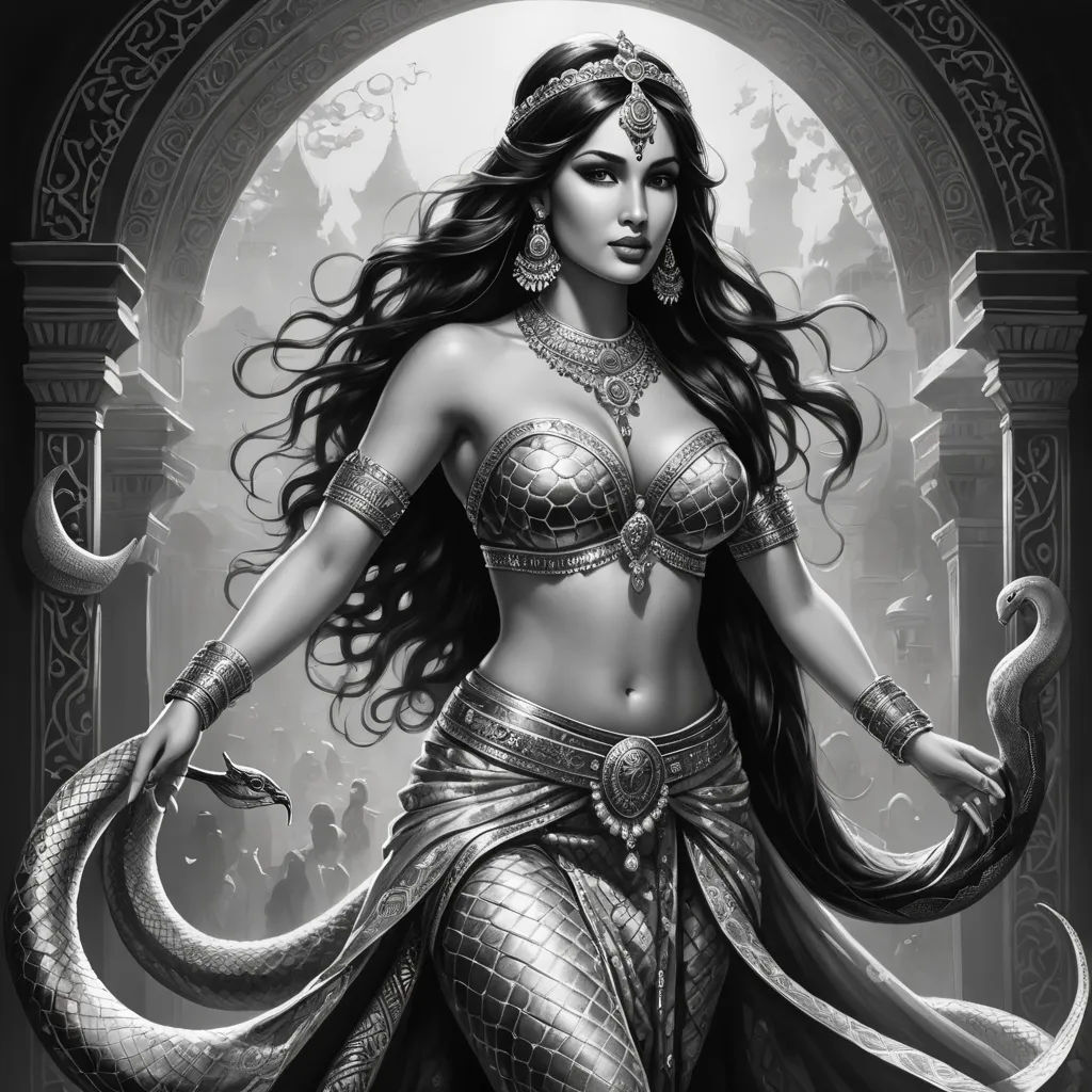 a woman in a bikini and a snake on her arm, with a sword in her hand, and a snake on her shoulder, fantasy art, egyptian art, Art of Brom, epic fantasy character art