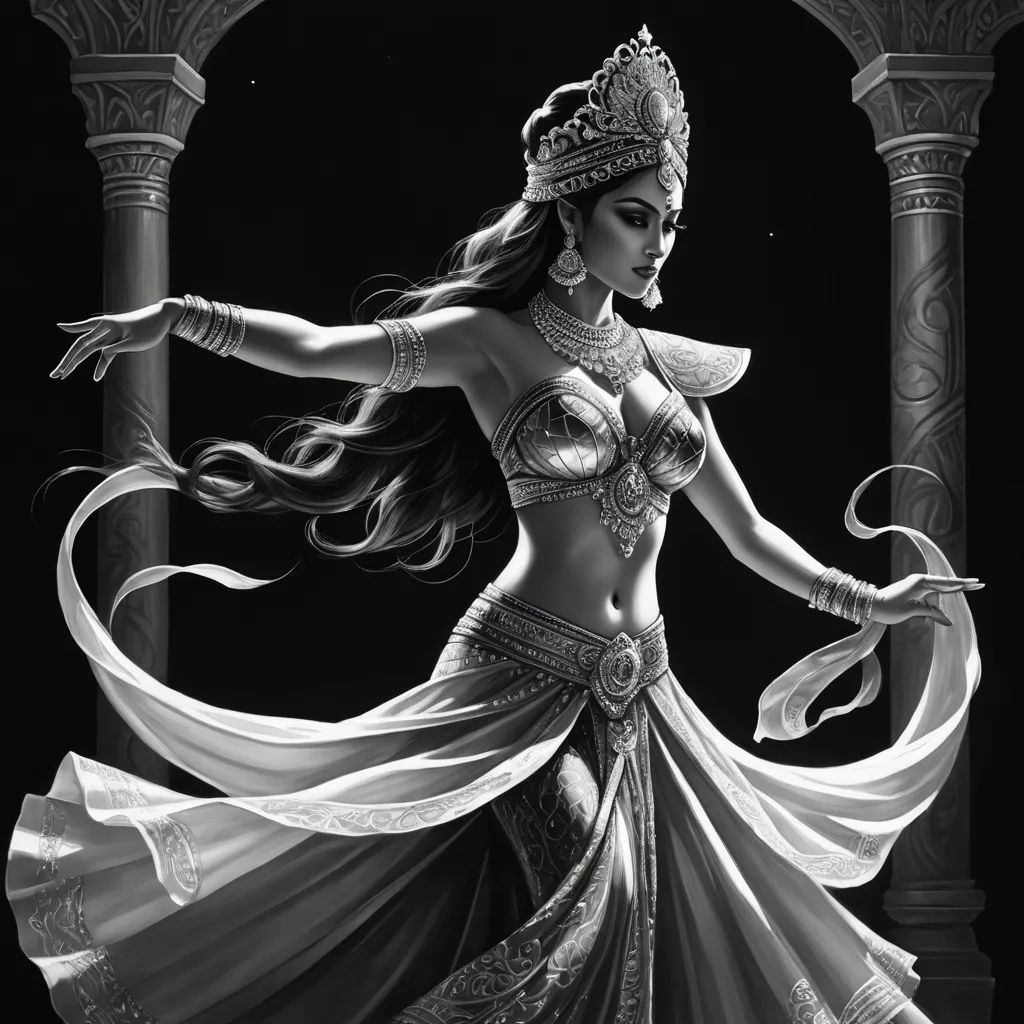 a woman in a belly dance pose with her arms outstretched and her hands out to the side of her body, fantasy art, an ultrafine detailed painting, Chris Rallis, highly detailed digital painting