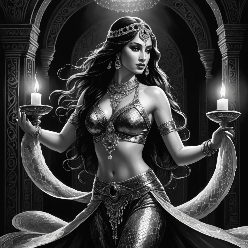 a woman in a belly - baring outfit holding a candle and a light in her hand, with a black background, gothic art, egyptian art, Anne Stokes, dark fantasy art