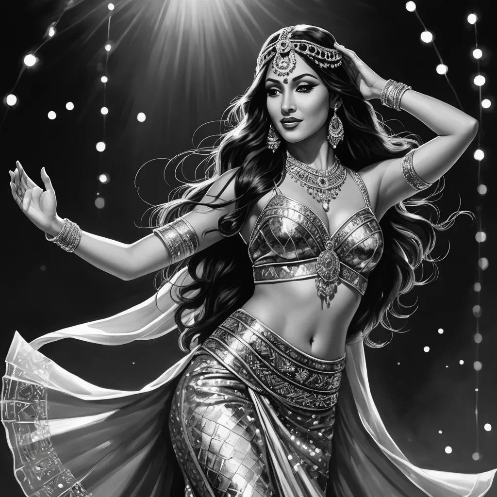 a woman in a belly dance costume with a star above her head and a light shining above her head, fantasy art, an ultrafine detailed painting, Chris Rallis, highly detailed digital painting
