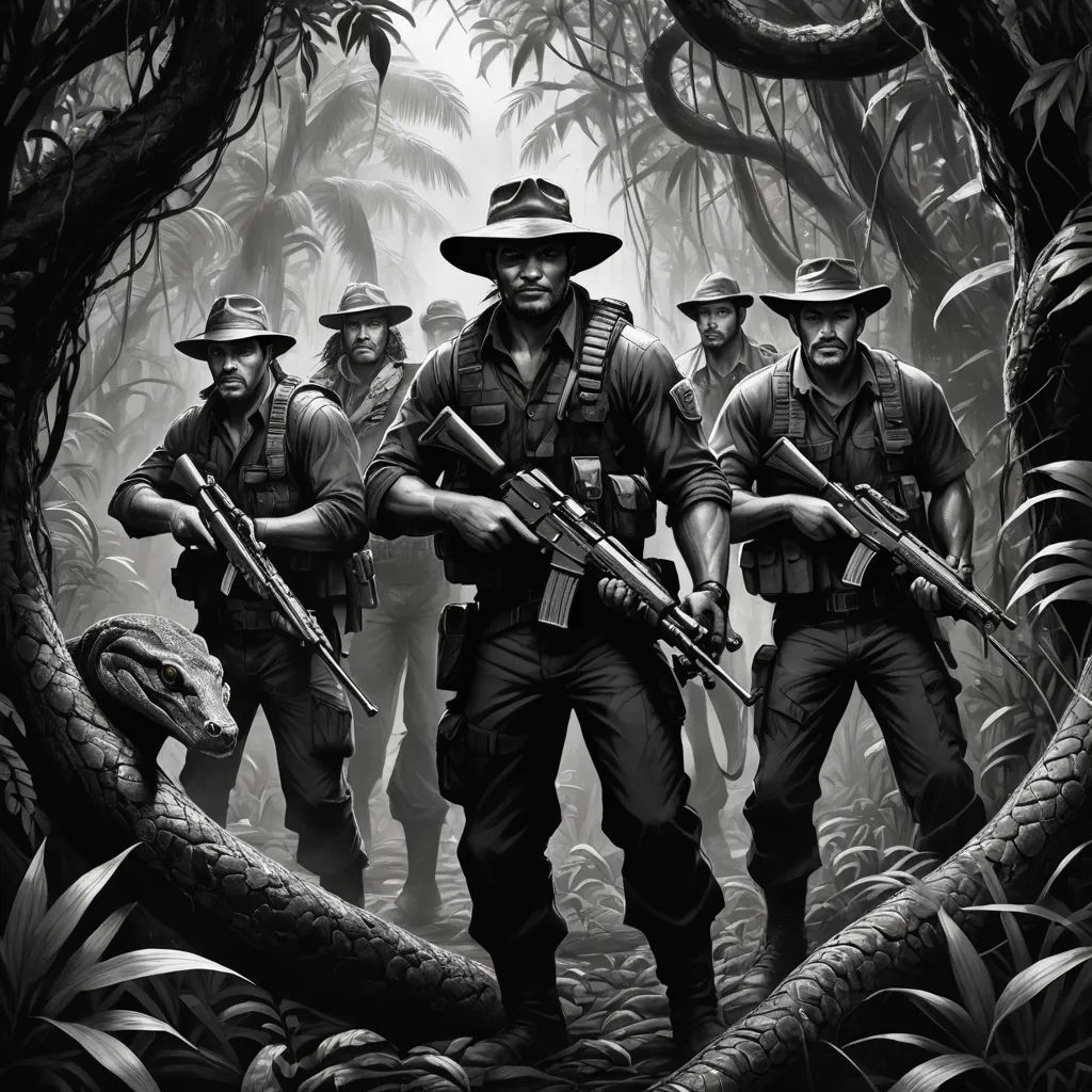 a group of men in uniforms walking through a jungle with guns in their hands and two men in hats, serial art, poster art, David Palumbo, comic cover art