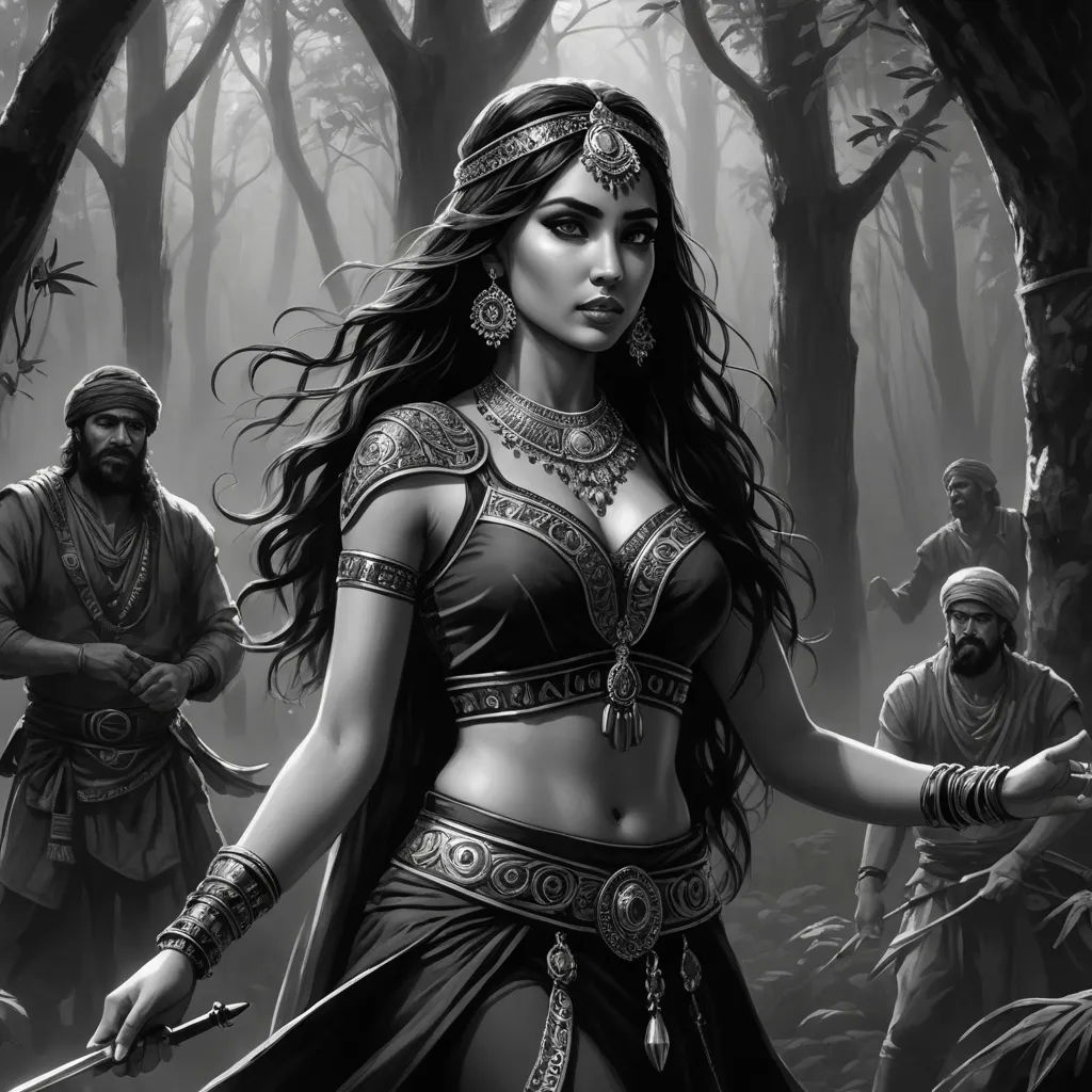 a woman in a costume standing in the woods with two men behind her and a sword in her hand, fantasy art, concept art, Chris Rallis, epic fantasy character art