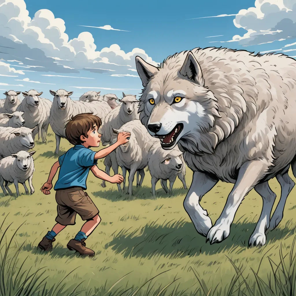 a boy is in front of a large wolf and a herd of sheep in the background, with a sky full of clouds, furry art, a storybook illustration, Aaron Jasinski, storybook illustration