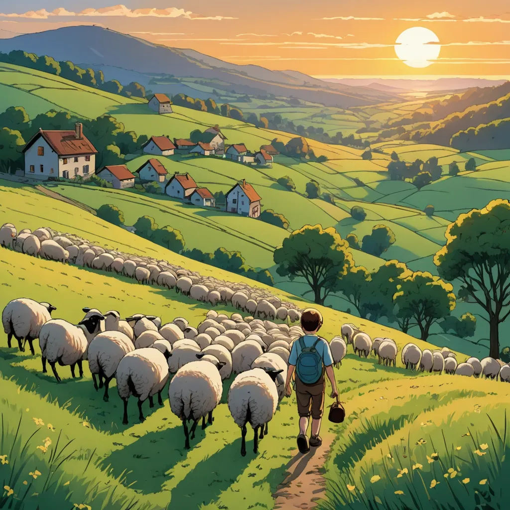 a man walking down a path with a herd of sheep on a lush green hillside under a sunset sky, american scene painting, a storybook illustration, Asaf Hanuka, official art