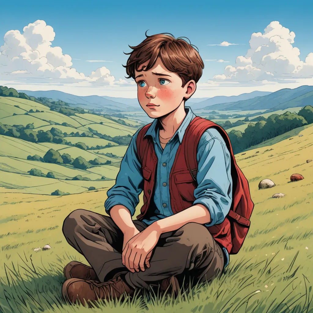 a boy sitting in a field with a backpack on his back and a mountain in the background with clouds, fantastic realism, a character portrait, Aaron Jasinski, comic cover art