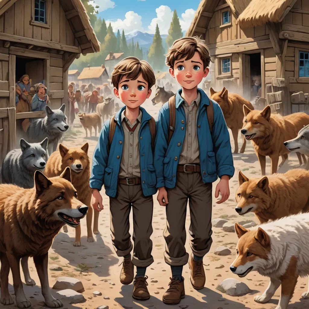 a painting of two boys standing in front of a herd of animals in a village with a dog and a man, furry art, a storybook illustration, Brothers Hildebrandt, official art