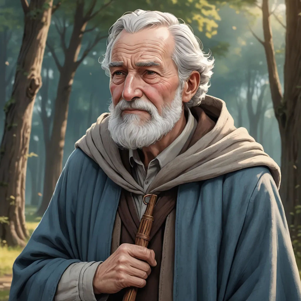 a painting of a man with a long white beard and a blue robe and a brown hat and a cane, fantasy art, a character portrait, Christophe Vacher, epic fantasy character art
