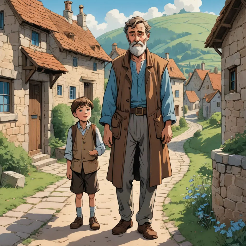 a man and a boy are standing in front of a village with stone buildings and a stone path that leads to a stone house, les automatistes, a storybook illustration, Brothers Hildebrandt, graphic novel