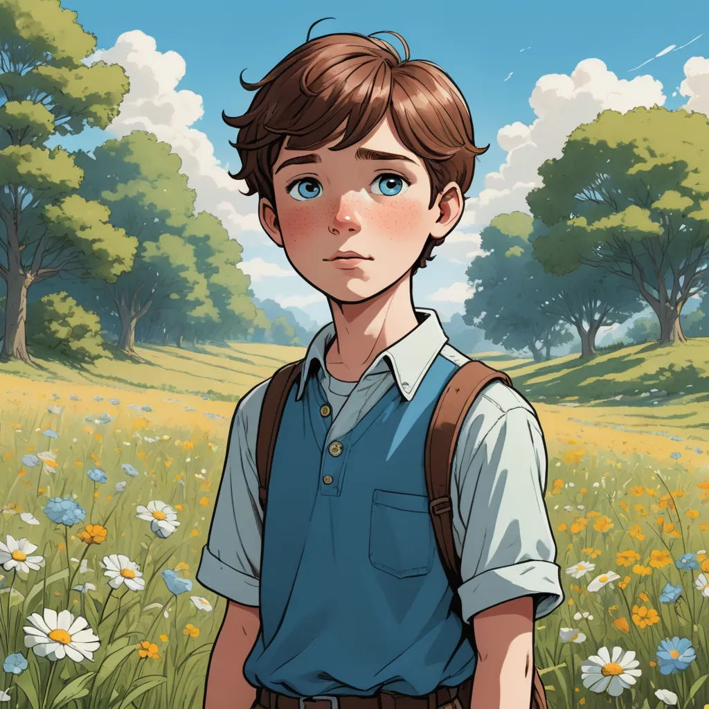 a boy with a backpack standing in a field of flowers and trees in the background is a field of daisies, fantasy art, a character portrait, Aaron Jasinski, rossdraws global illumination