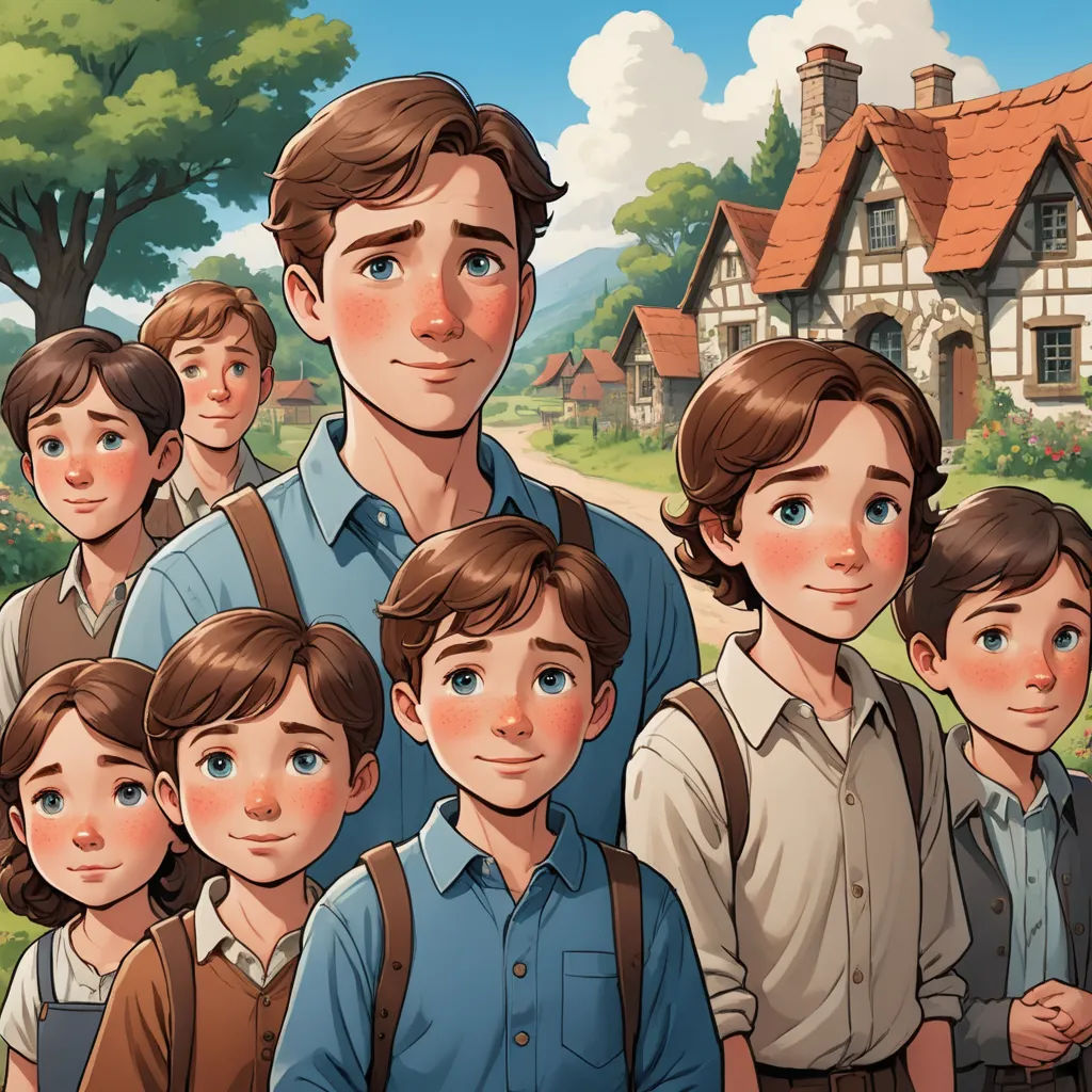 a group of people standing in front of a house with a red roof and a red door on the front, serial art, a storybook illustration, Brothers Hildebrandt, key art