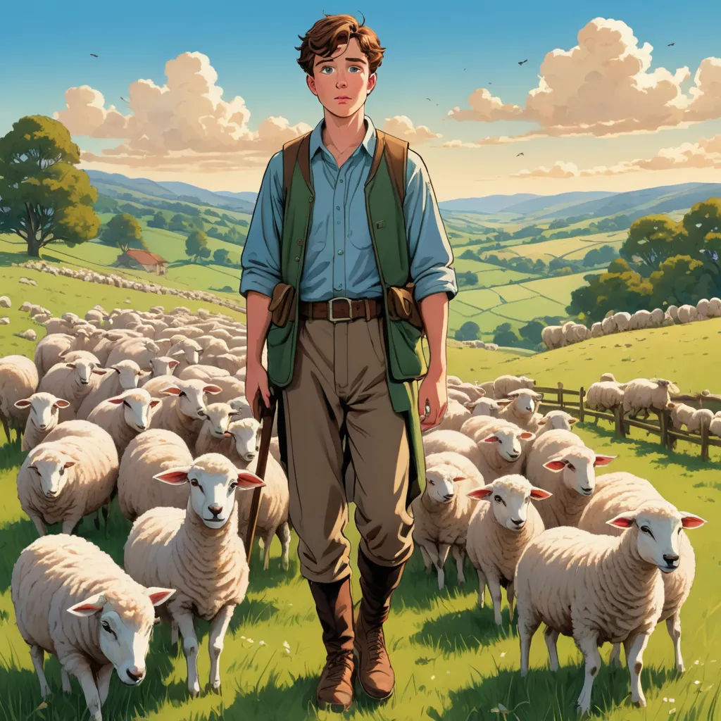 a man standing in front of a herd of sheep in a field with a sky background and clouds in the sky, les automatistes, a storybook illustration, Colin Middleton, official art