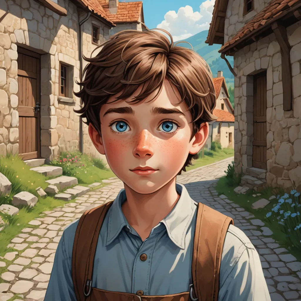 a boy with a backpack standing in front of a stone building with a cobblestone road and a stone building with a stone walkway, fantasy art, a character portrait, Aaron Jasinski, rossdraws global illumination
