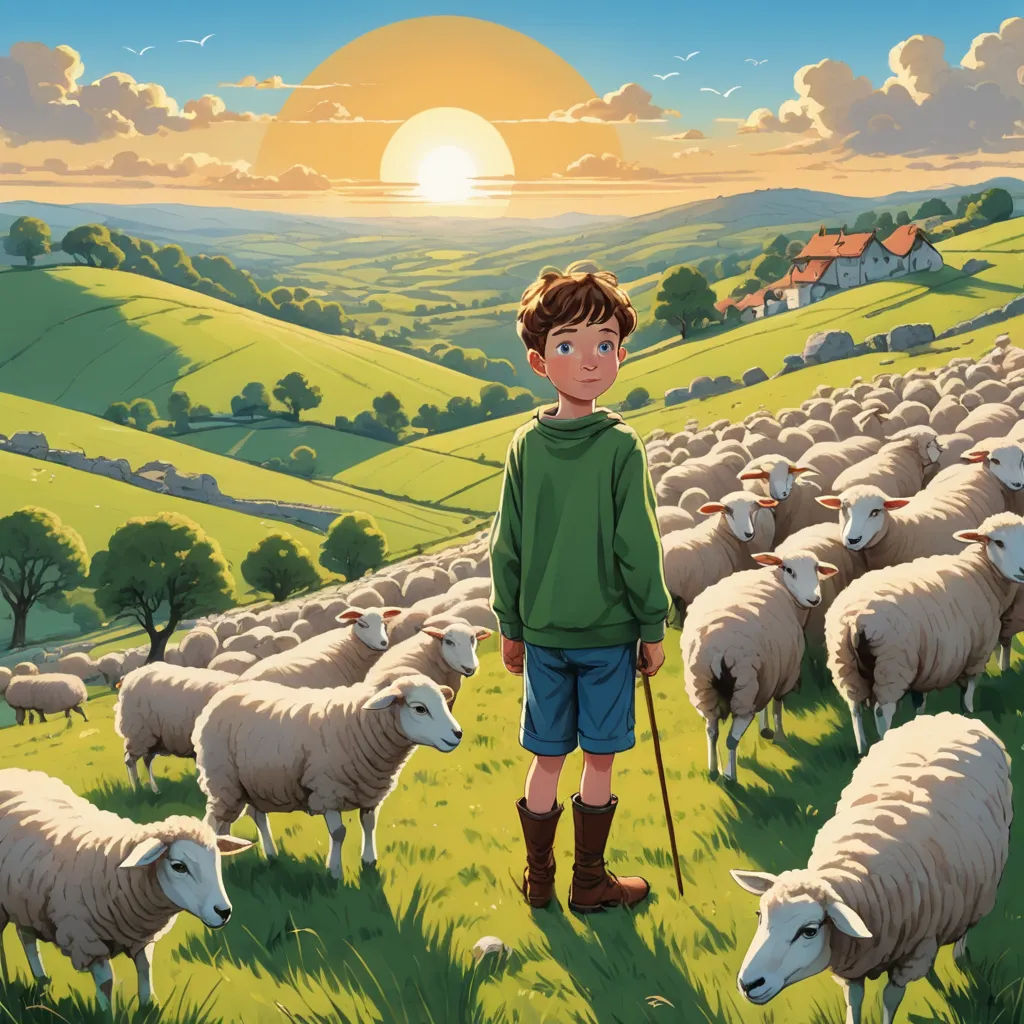 a boy standing in a field with a herd of sheep in the background, with a sunset in the background, regionalism, a storybook illustration, Colin Middleton, official art