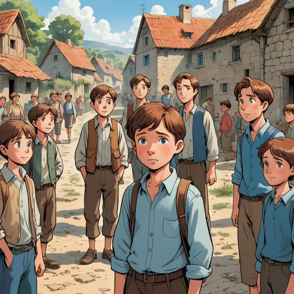 a group of people standing in front of a village with a boy in a blue shirt and a boy in a brown shirt, fantastic realism, a storybook illustration, Brothers Hildebrandt, graphic novel