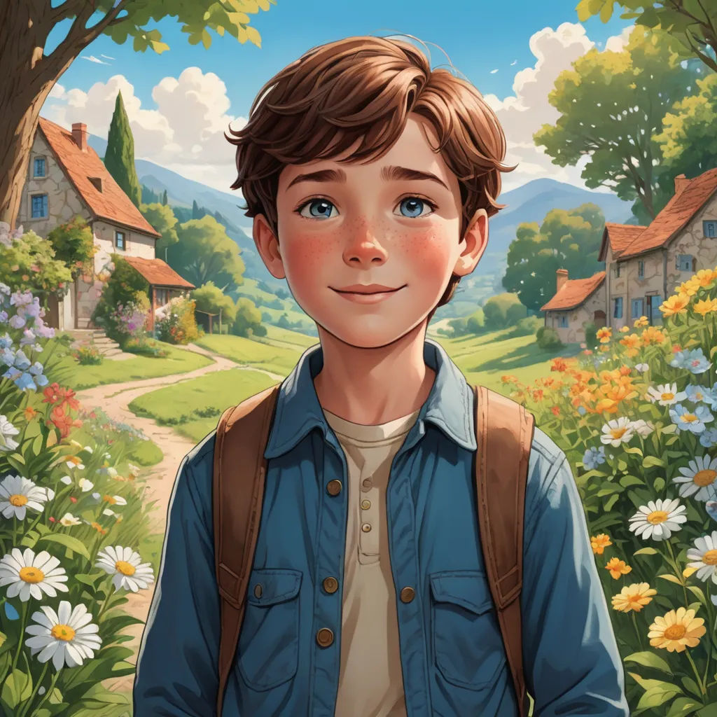 a boy with a backpack standing in front of a field of flowers and trees with a house in the background, american scene painting, a storybook illustration, Aaron Jasinski, rossdraws global illumination