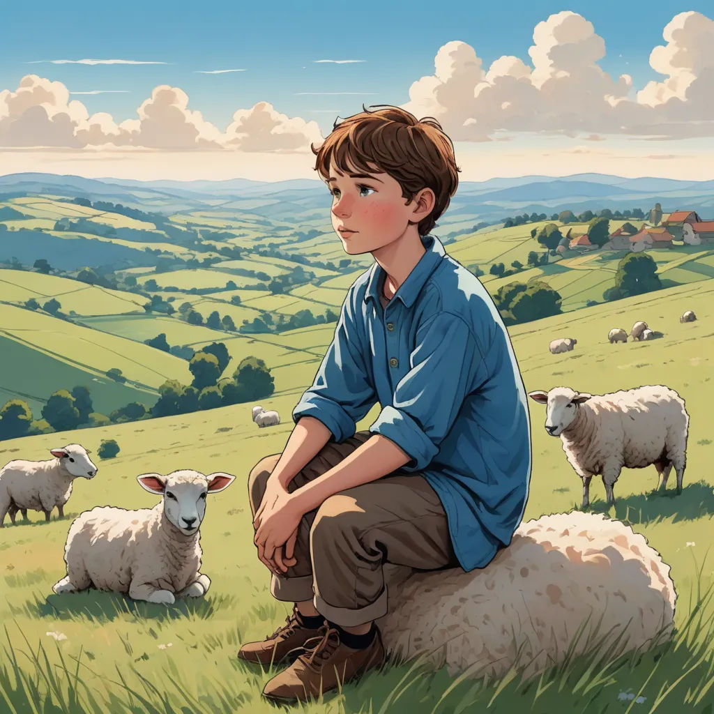 a boy sitting on a sheep in a field with sheep in the background and clouds in the sky above, american scene painting, a storybook illustration, Colin Middleton, official art