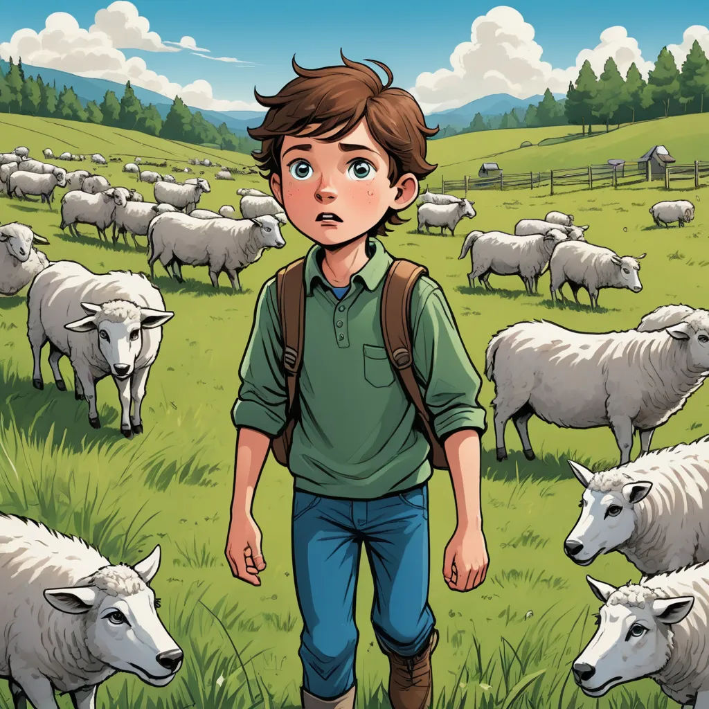 a boy standing in a field with a herd of sheep behind him, with a green shirt on and a backpack on, lyco art, a storybook illustration, Diego Gisbert Llorens, comic cover art
