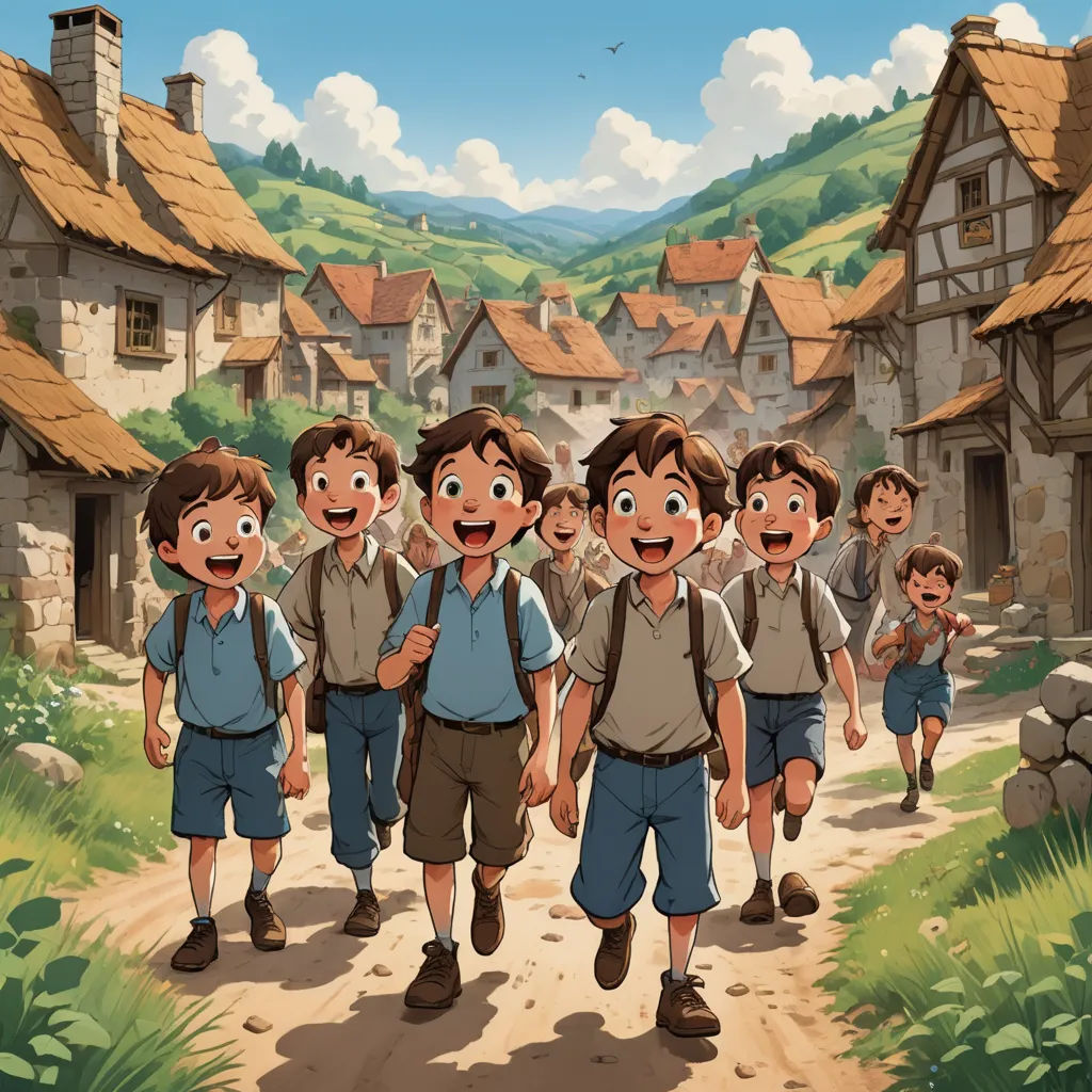 a group of children walking down a dirt road in front of a village with houses and mountains in the background, les nabis, a storybook illustration, Brothers Hildebrandt, official art