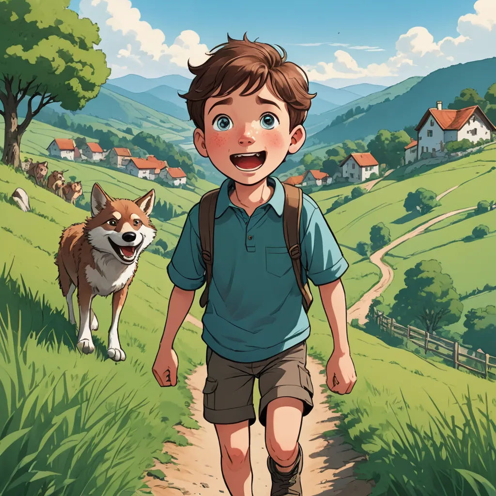 a boy walking down a path with a dog on a leash behind him and a dog on the other side of the path, art & language, a storybook illustration, Aaron Jasinski, comic cover art
