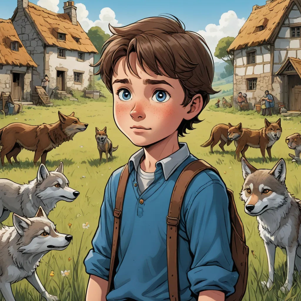 a boy standing in front of a herd of wolfs in a field with a house in the background, furry art, a storybook illustration, Cedric Seaut (Keos Masons), comic cover art