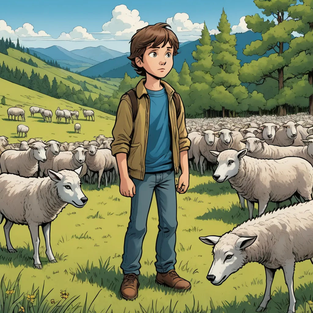 a boy standing in front of a herd of sheep in a field with mountains in the background and a blue sky, lyco art, a storybook illustration, Aaron Jasinski, promotional image