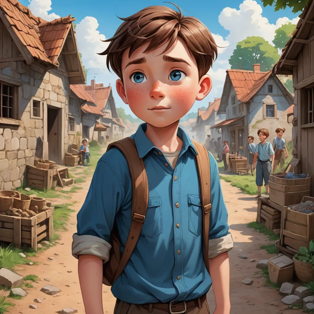 a boy with a backpack standing in front of a village with people and a dog on the street and a man in the background, american scene painting, a storybook illustration, Aaron Jasinski, kinkade