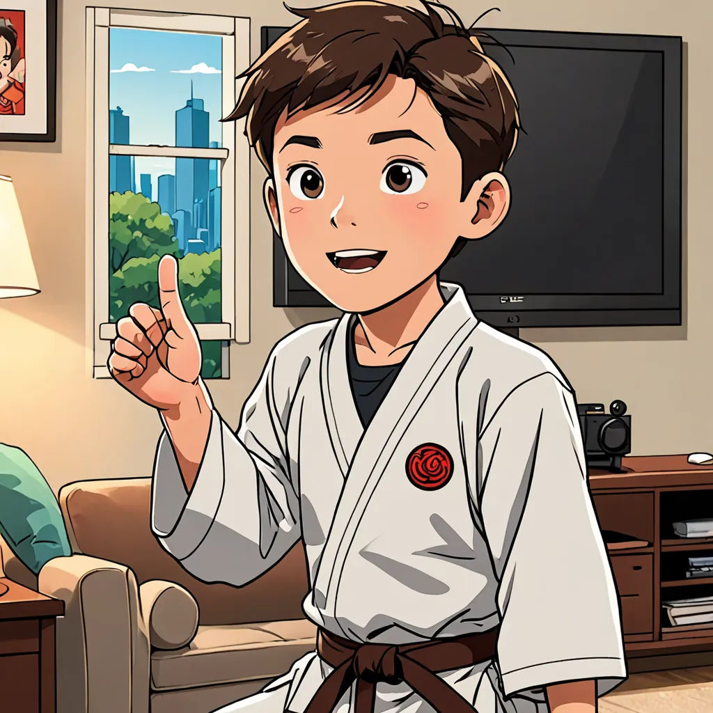 a boy in a kimono pointing at a picture on a wall in a living room with a couch, sots art, a comic book panel, Adam Manyoki, official art