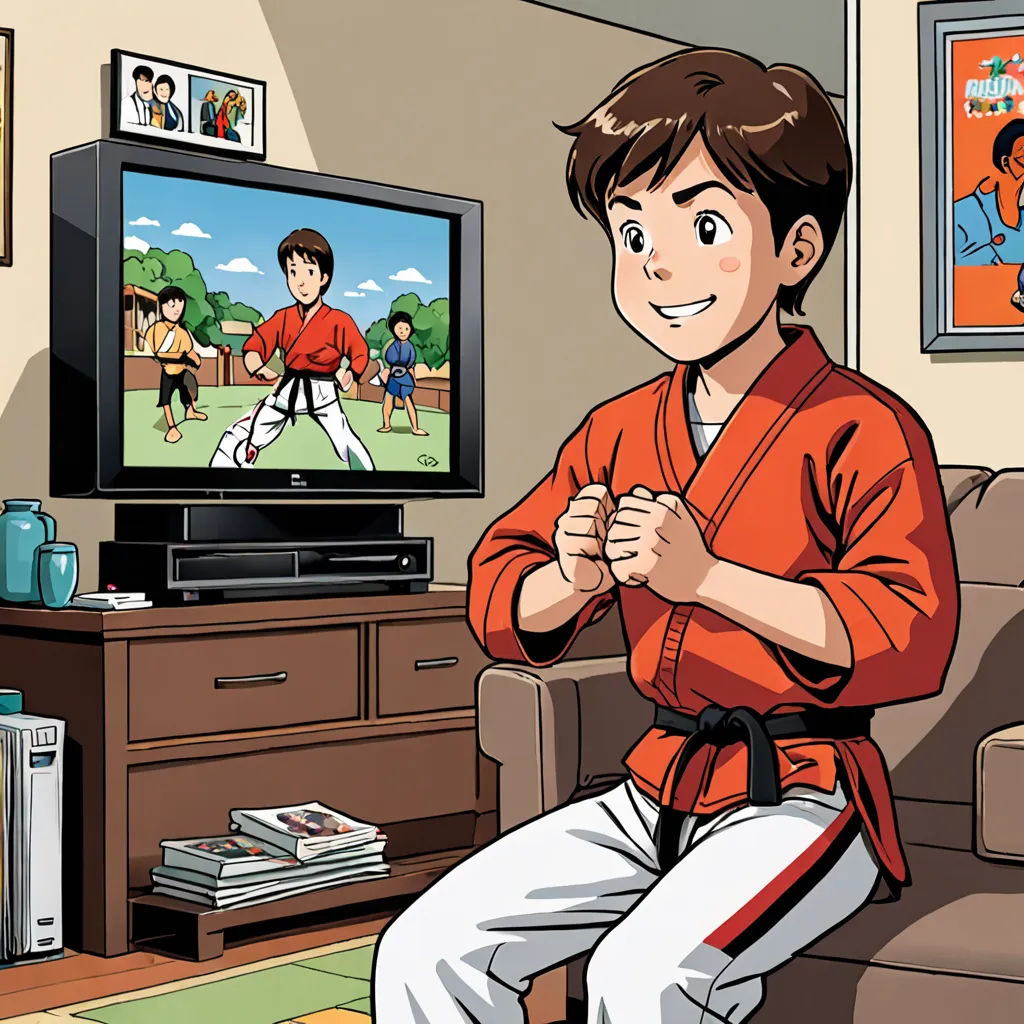 a boy is sitting in front of a television playing a game of karate on the television set in the living room, lyco art, a comic book panel, Adam Manyoki, official art