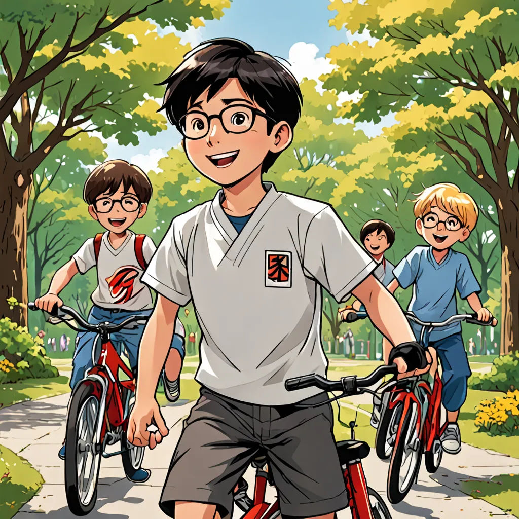 a boy on a bike with two other boys on a bike behind him and a boy on a bike behind him, vancouver school, a comic book panel, Everett Warner, official art