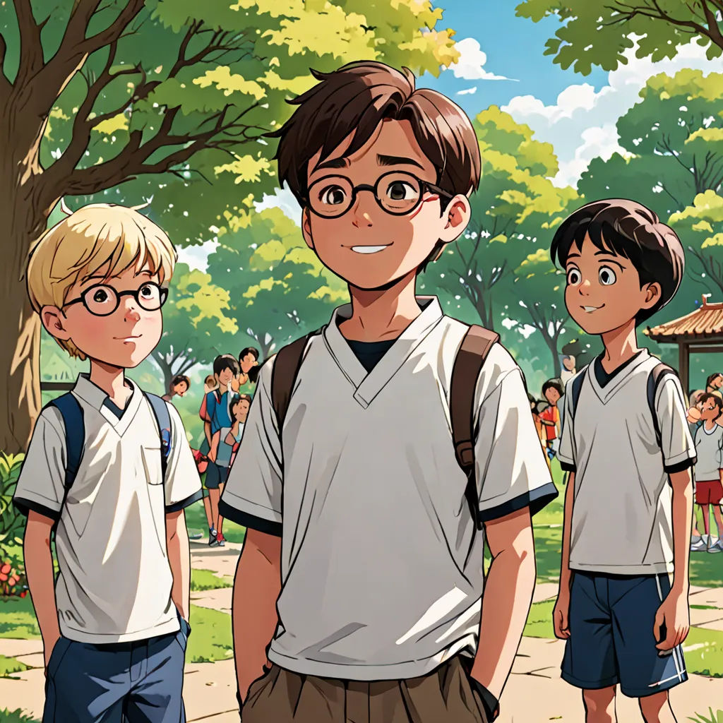 a group of young boys standing next to each other on a park path with trees and people in the background, sots art, a comic book panel, Brothers Hildebrandt, official art