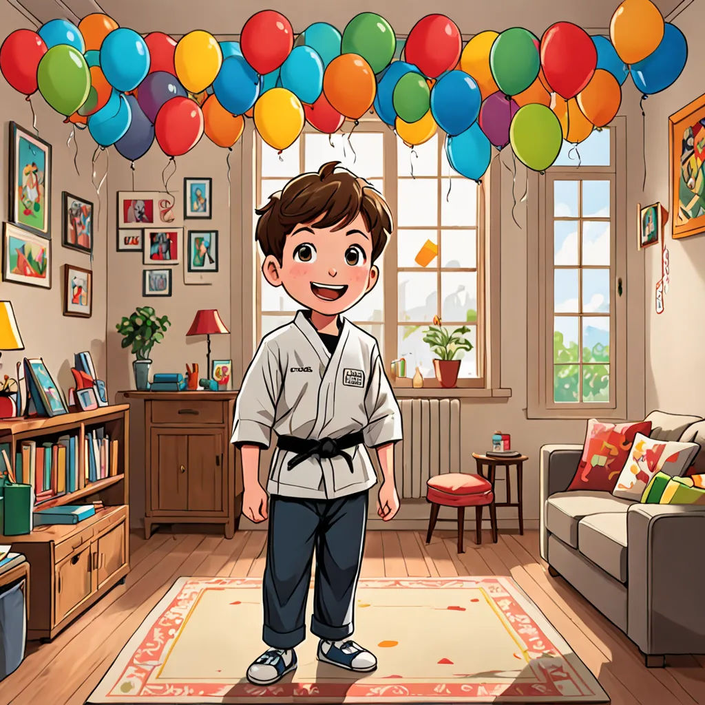 a boy in a room with balloons and a rug on the floor and a rug on the floor in front of him, sots art, a character portrait, Cedric Seaut (Keos Masons), official art