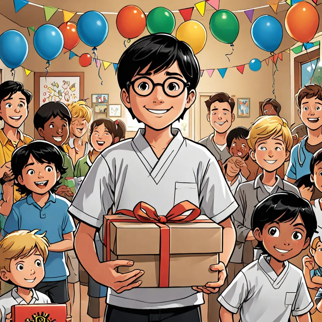 a man holding a box with a large group of children behind him and balloons in the background with a boy holding a box, vancouver school, a comic book panel, Dustin Nguyen, comic cover art
