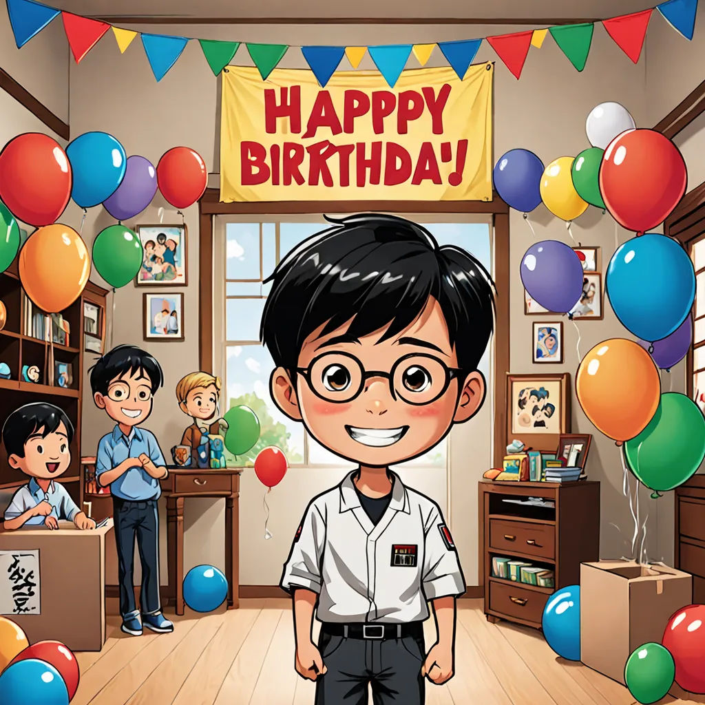 a boy in a room with balloons and a sign that says happy birthday on it with a boy in the background, sots art, a storybook illustration, Arthur Pan, official art