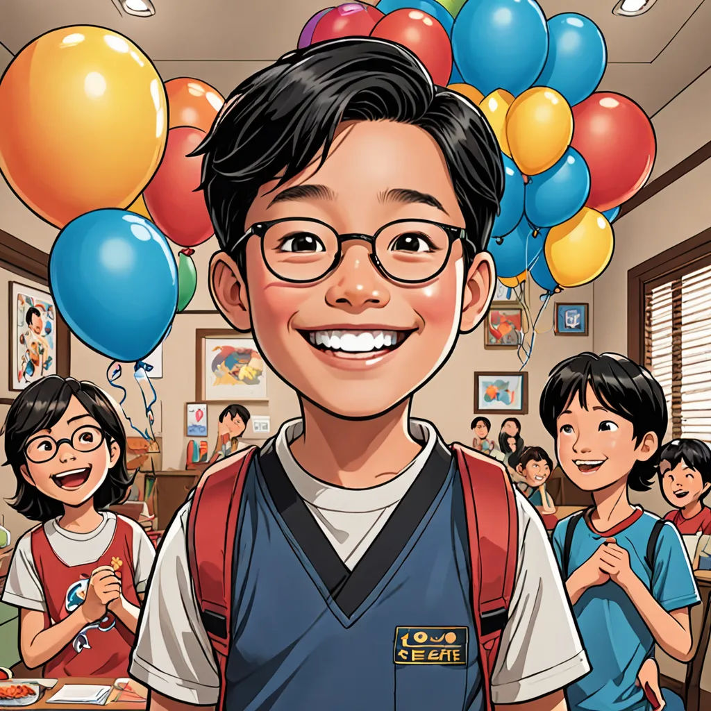 a cartoon of a boy with balloons on his head and a group of children behind him in a classroom, private press, a comic book panel, David Park, comic cover art