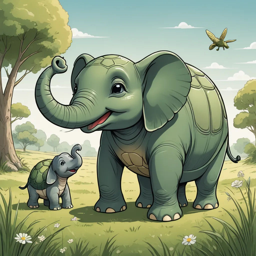 a baby elephant standing next to an adult elephant in a field of grass and flowers with a bird flying in the background, sots art, a storybook illustration, Amédée Ozenfant, storybook illustration
