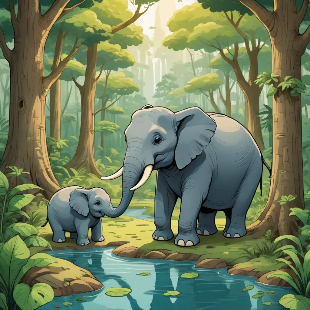 a mother elephant and her baby are standing in the forest by a stream of water and trees with green leaves, sumatraism, a storybook illustration, Chris LaBrooy, storybook illustration