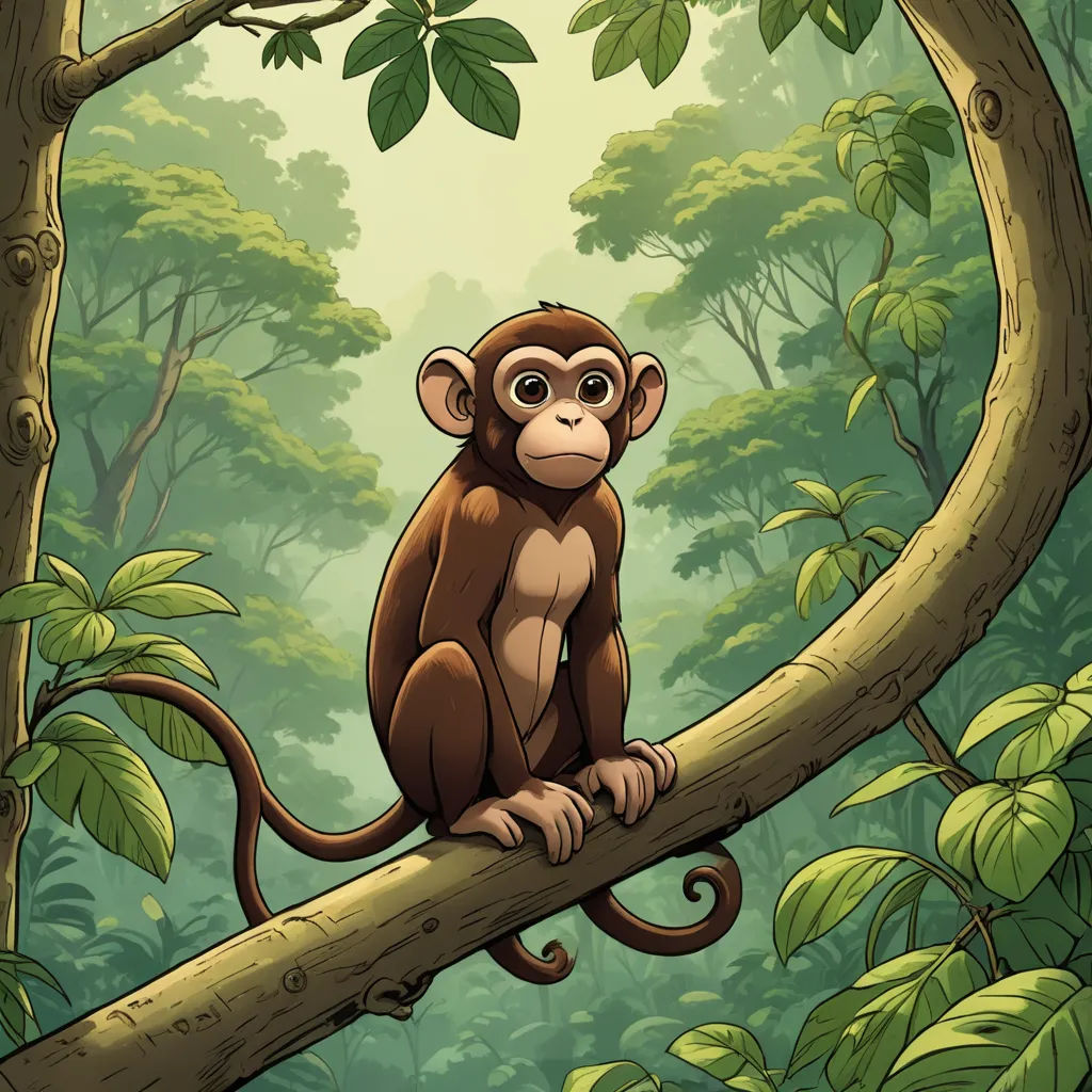 a monkey sitting on a tree branch in a jungle with lots of leaves and a green background with a sky, sumatraism, a storybook illustration, Diego Gisbert Llorens, jungle