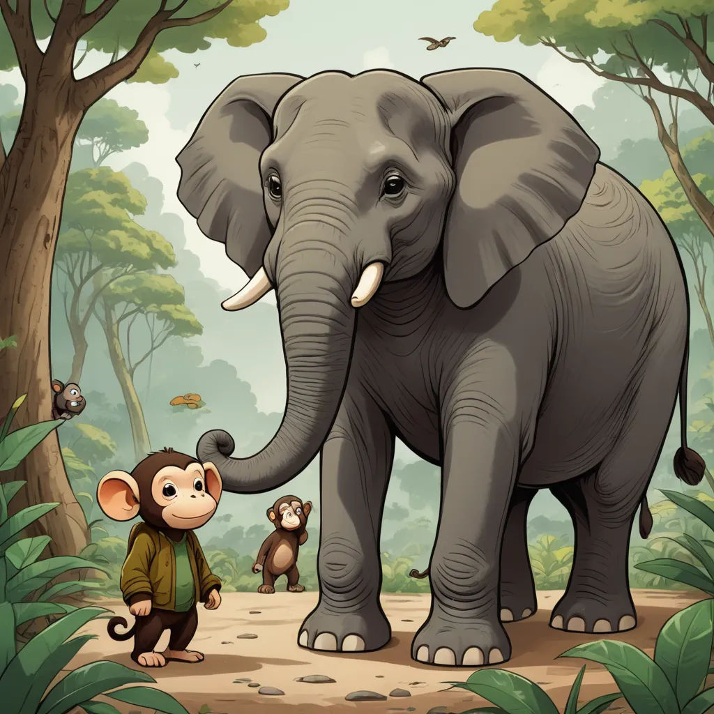 a monkey and an elephant in a jungle with trees and plants around them, and a monkey standing next to it, sumatraism, a storybook illustration, Chris LaBrooy, storybook illustration