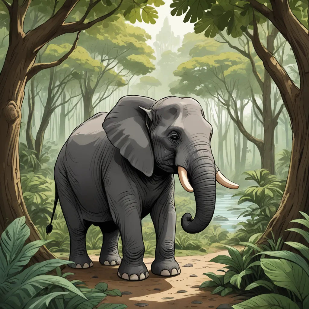 an elephant is walking through a jungle with trees and bushes on either side of it and a river in the background, sumatraism, a storybook illustration, Amédée Ozenfant, 2 d game art