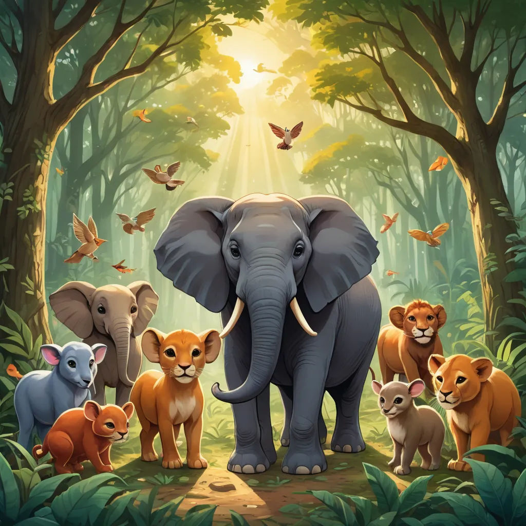 a group of animals standing in a forest with a sun shining through the trees behind them and a baby elephant, sumatraism, a storybook illustration, Chris LaBrooy, promotional image