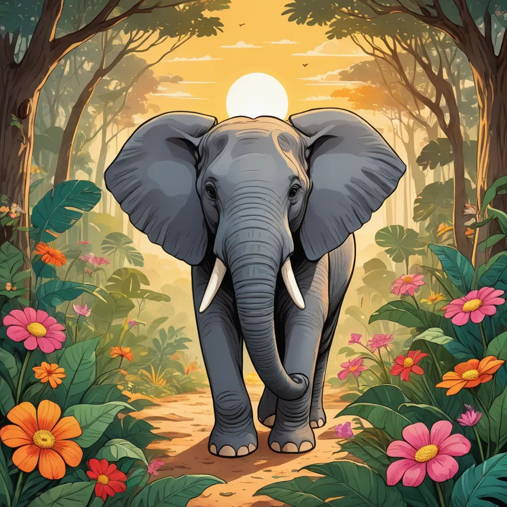 an elephant walking through a forest with flowers and trees around it, with the sun in the background and a path leading to the elephant, sumatraism, a storybook illustration, Chris LaBrooy, jungle
