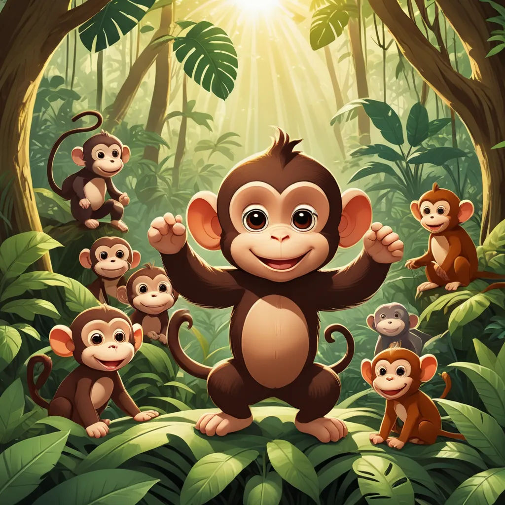 a group of monkeys standing in the jungle with sunlight shining through the trees and leaves on the ground, with a background of green foliage and trees, incoherents, a storybook illustration, Alex Petruk APe, jungle