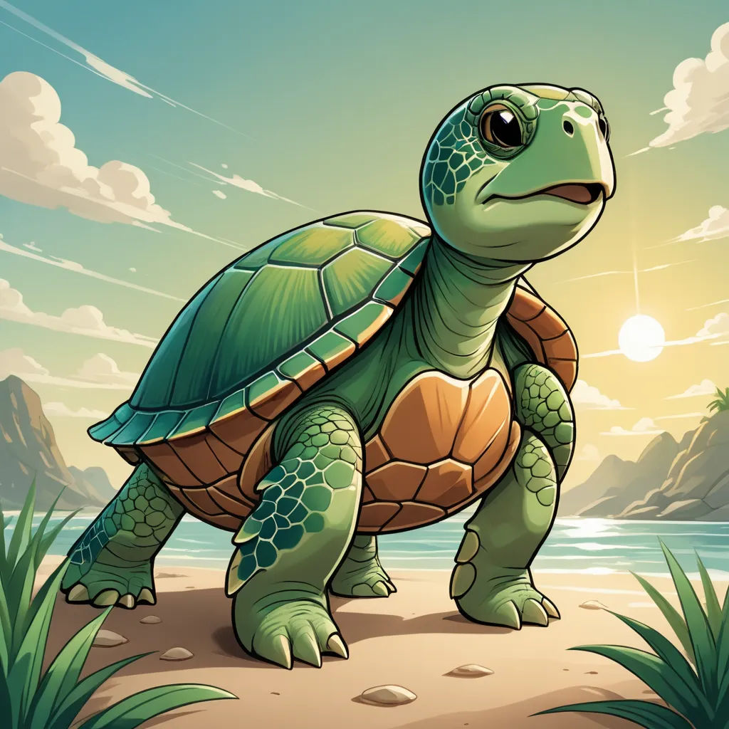 a cartoon turtle is walking on the beach by the water and mountains in the background, with the sun shining on the horizon, sots art, a character portrait, Chris LaBrooy, game art