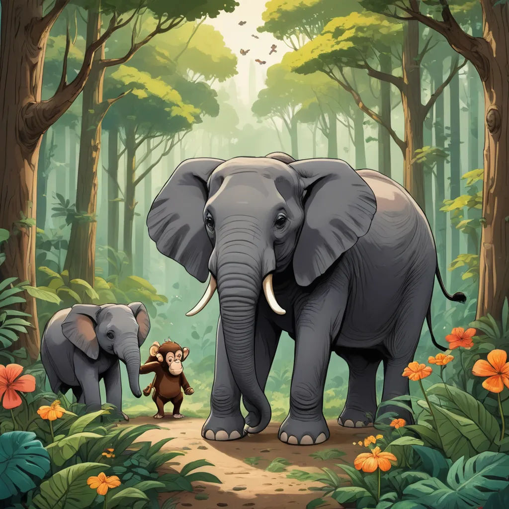 a couple of elephants walking through a forest filled with trees and flowers with a monkey on the side of the path, sumatraism, a storybook illustration, Chris LaBrooy, jungle