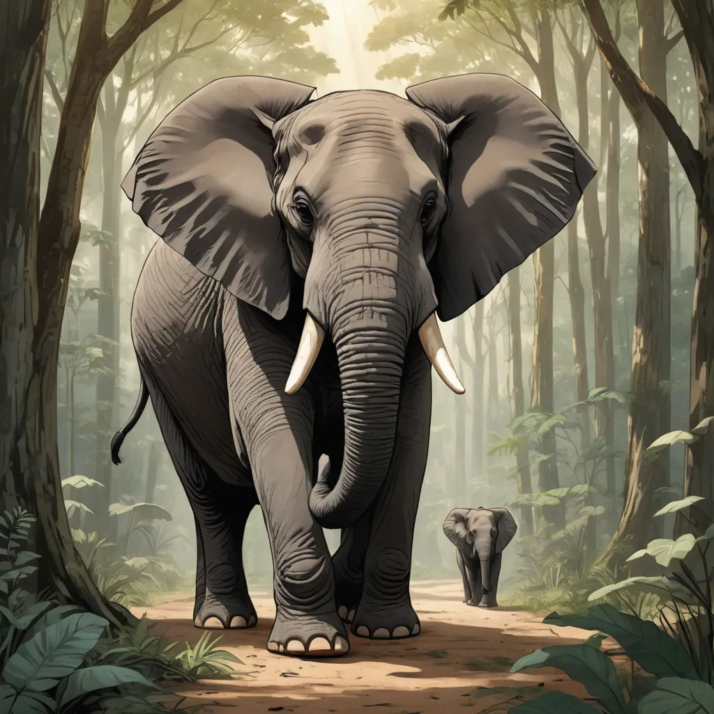 an elephant walking through a forest with a baby elephant behind it's back end, with a sunbeam in the background, sumatraism, a digital painting, Chris LaBrooy, highly detailed digital painting