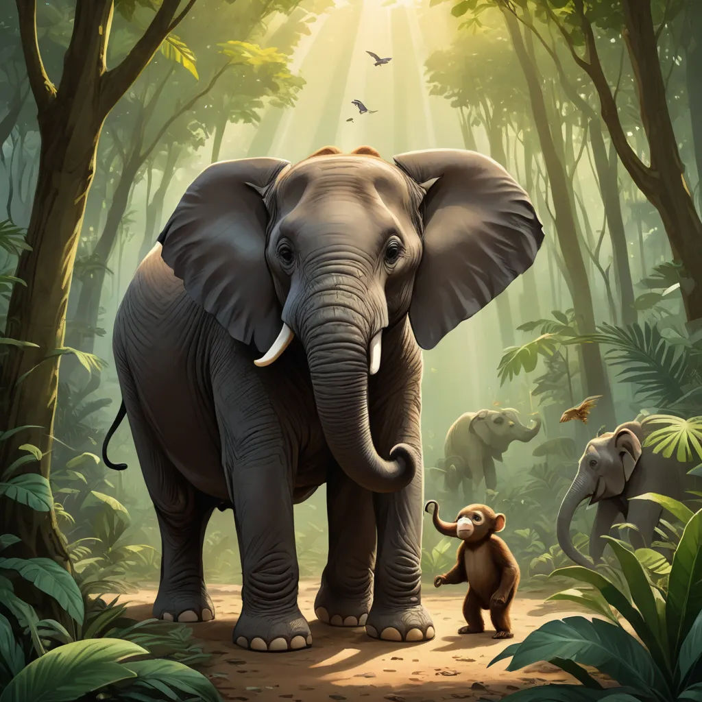 an elephant and a monkey in a jungle with birds flying overhead and sunlight shining through the trees and leaves, sumatraism, a digital painting, Chris LaBrooy, highly detailed digital painting