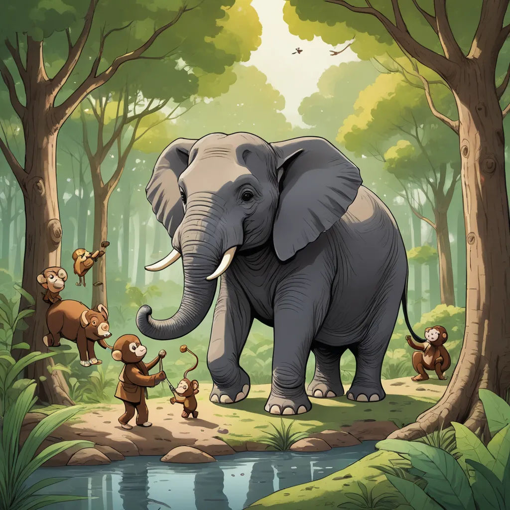 a group of monkeys playing with an elephant in the jungle with a river and trees in the background,, sumatraism, a storybook illustration, Chris LaBrooy, storybook illustration