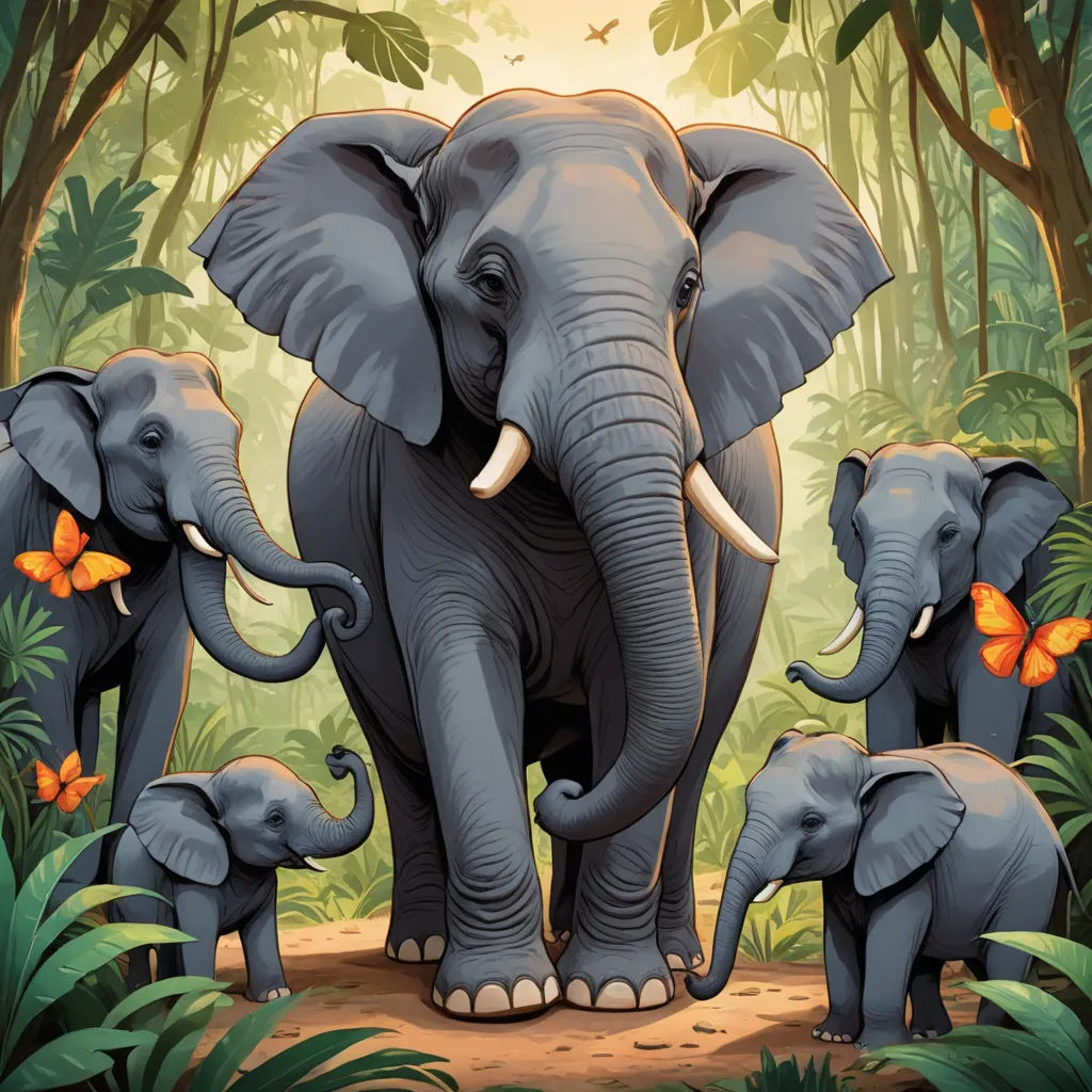 a group of elephants standing in a forest with butterflies on their ears and tusks on their backs, sumatraism, a storybook illustration, Chris LaBrooy, highly detailed digital painting