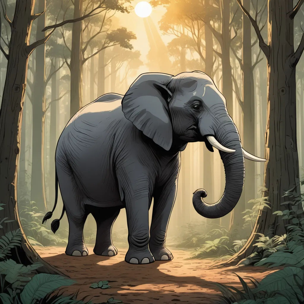 an elephant standing in the middle of a forest with a sun shining through the trees behind it and a path leading to the elephant, sumatraism, a storybook illustration, Dan Mumford, promotional image
