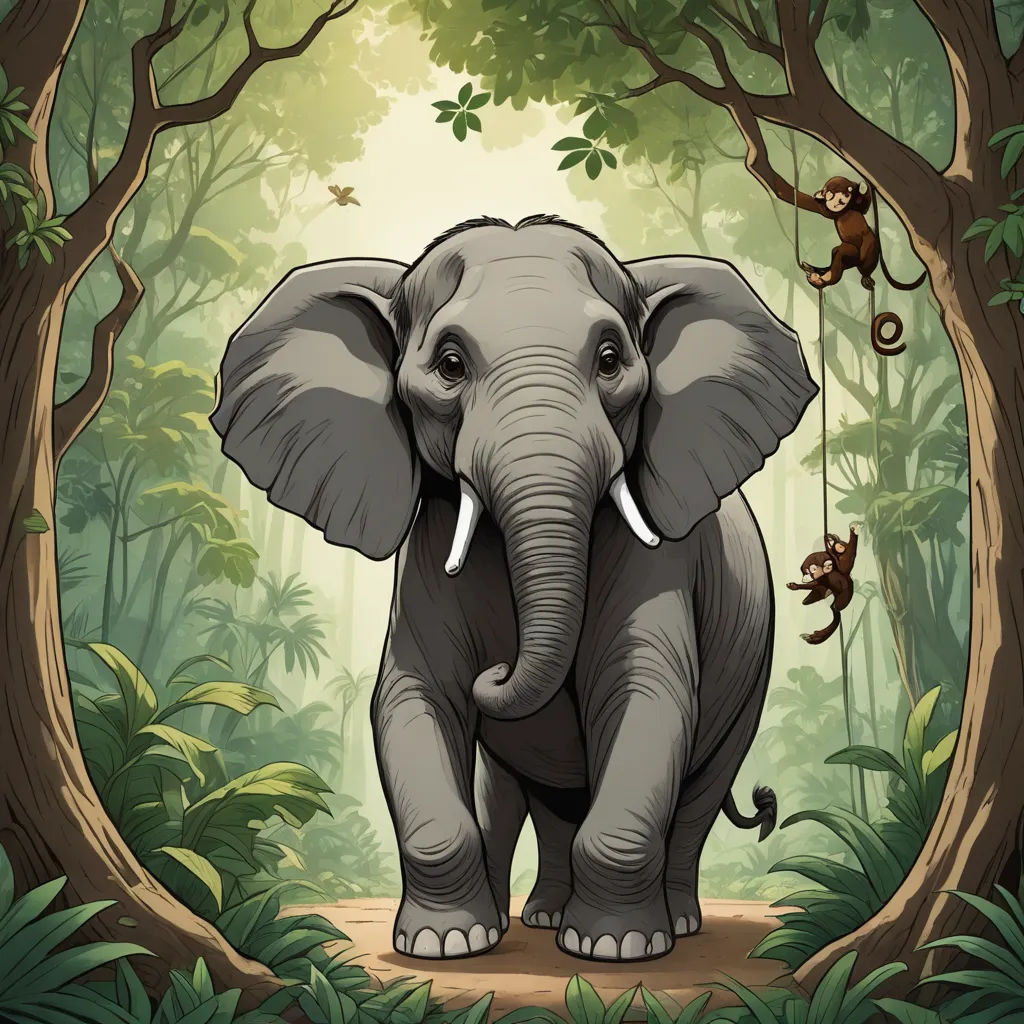 a cartoon elephant with a monkey hanging from a tree in the jungle with a forest background and a jungle scene, sumatraism, a storybook illustration, Amédée Ozenfant, jungle